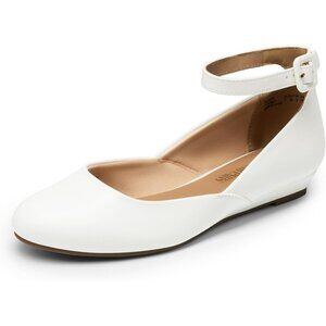 Dream Pairs Women's White Faux Leather Ankle Buckle Strap Low Wedge Flats Shoes